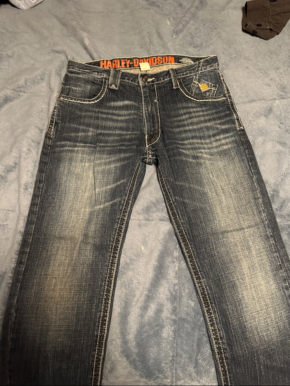 Harley-Davidson Men's Faded Black Slim Straight Jeans with Orange Logo
